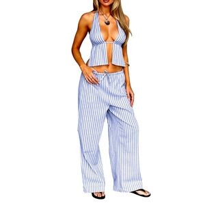 Elegant Striped Blue Halter Top & Wide Leg Pants Set